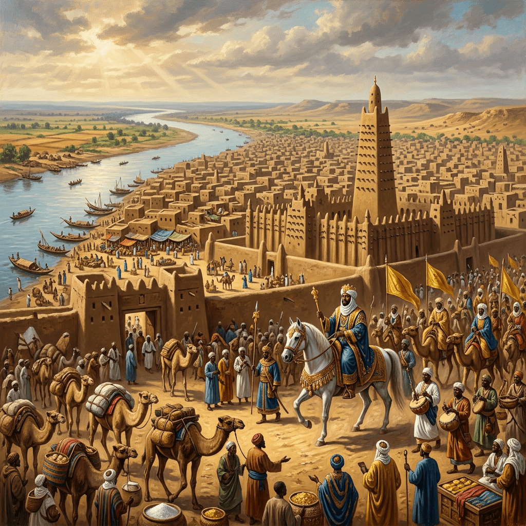 Medieval West African city with mud-brick architecture, river, traders, camels, and a royal figure on horseback